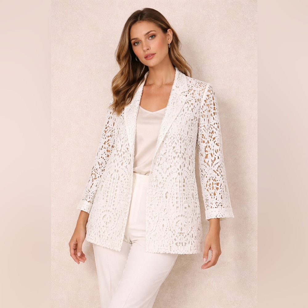 Misook White Lace Open Cardigan Jacket 0X Boho Lagenlook Relaxed Fit Chic